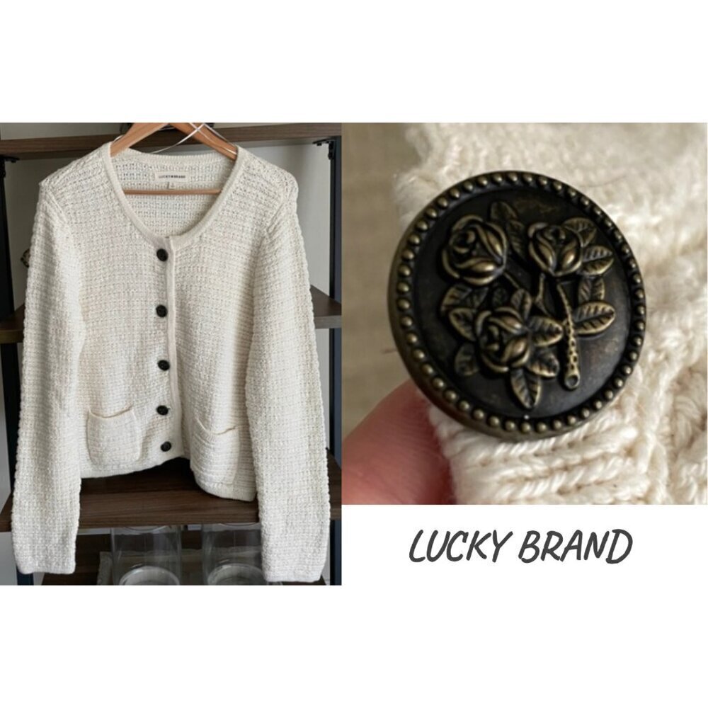 Lucky Brand Knit Cardigan Sweater Floral Etched Buttons, Size L